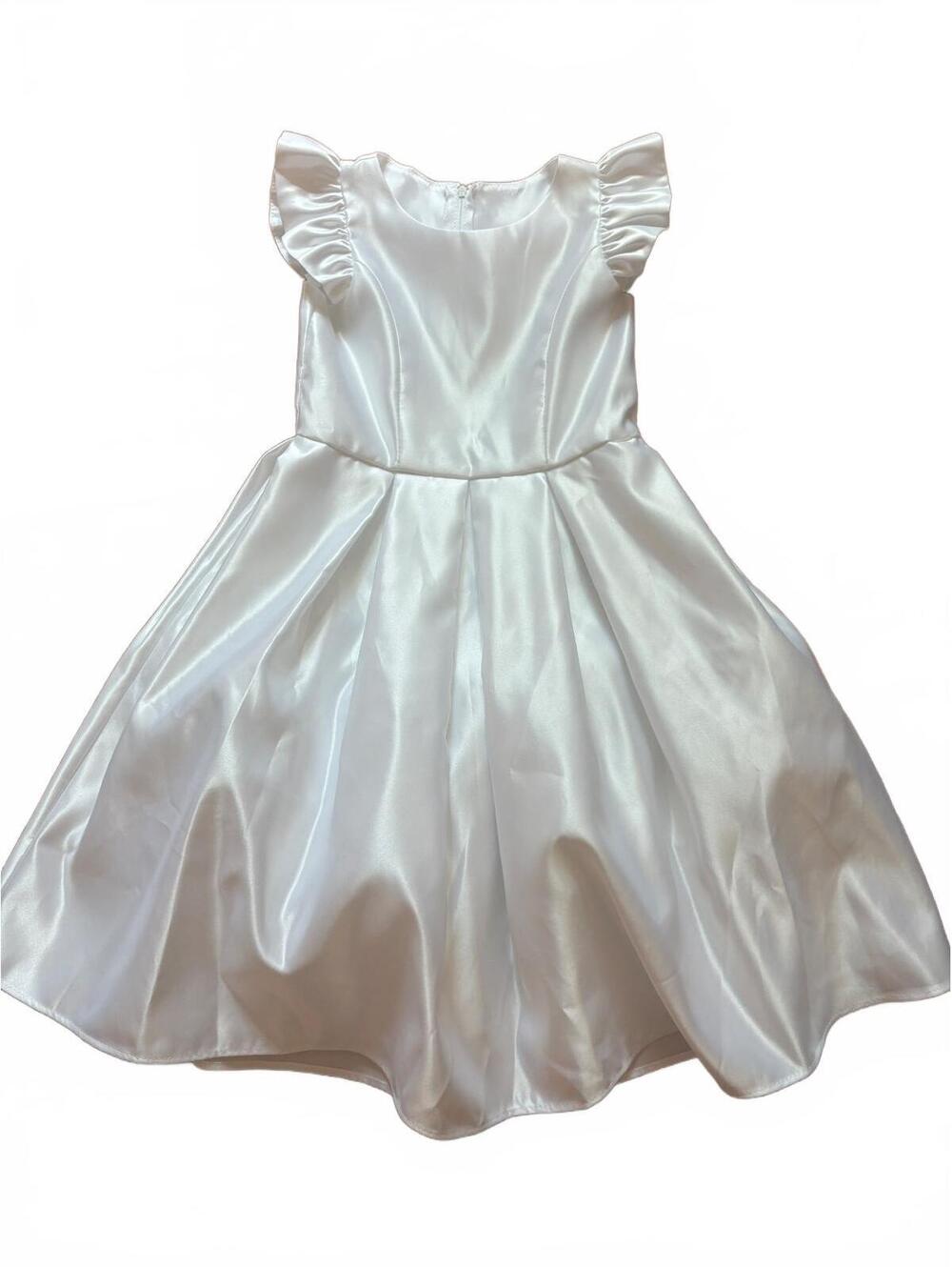 Sweet Kids White Satin Flower Girl Dress Size 6 with Ruffle Sleeves and Tulle